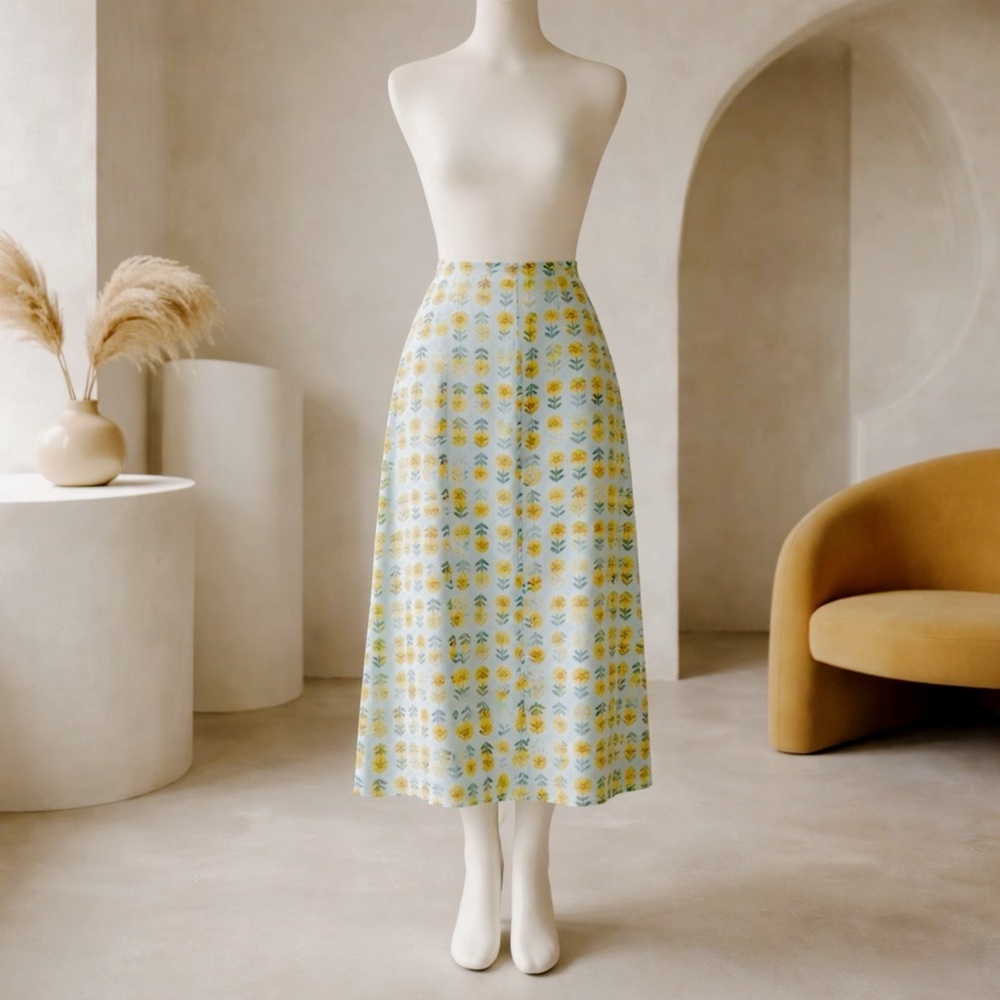 Free People Yellow and Light Blue Floral Midi Skirt